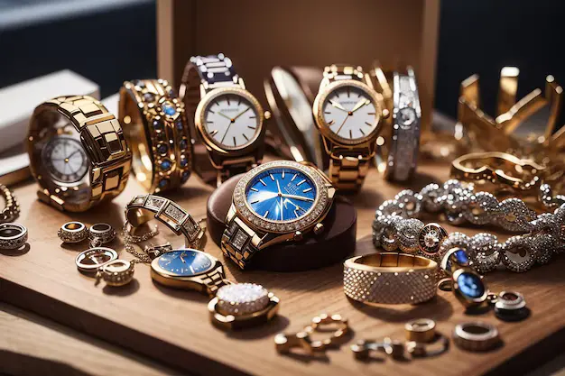 Luxury watches and fine jewelry are displayed on a wooden board, featuring gold wristwatches, diamond bracelets, rings, and premium accessories.